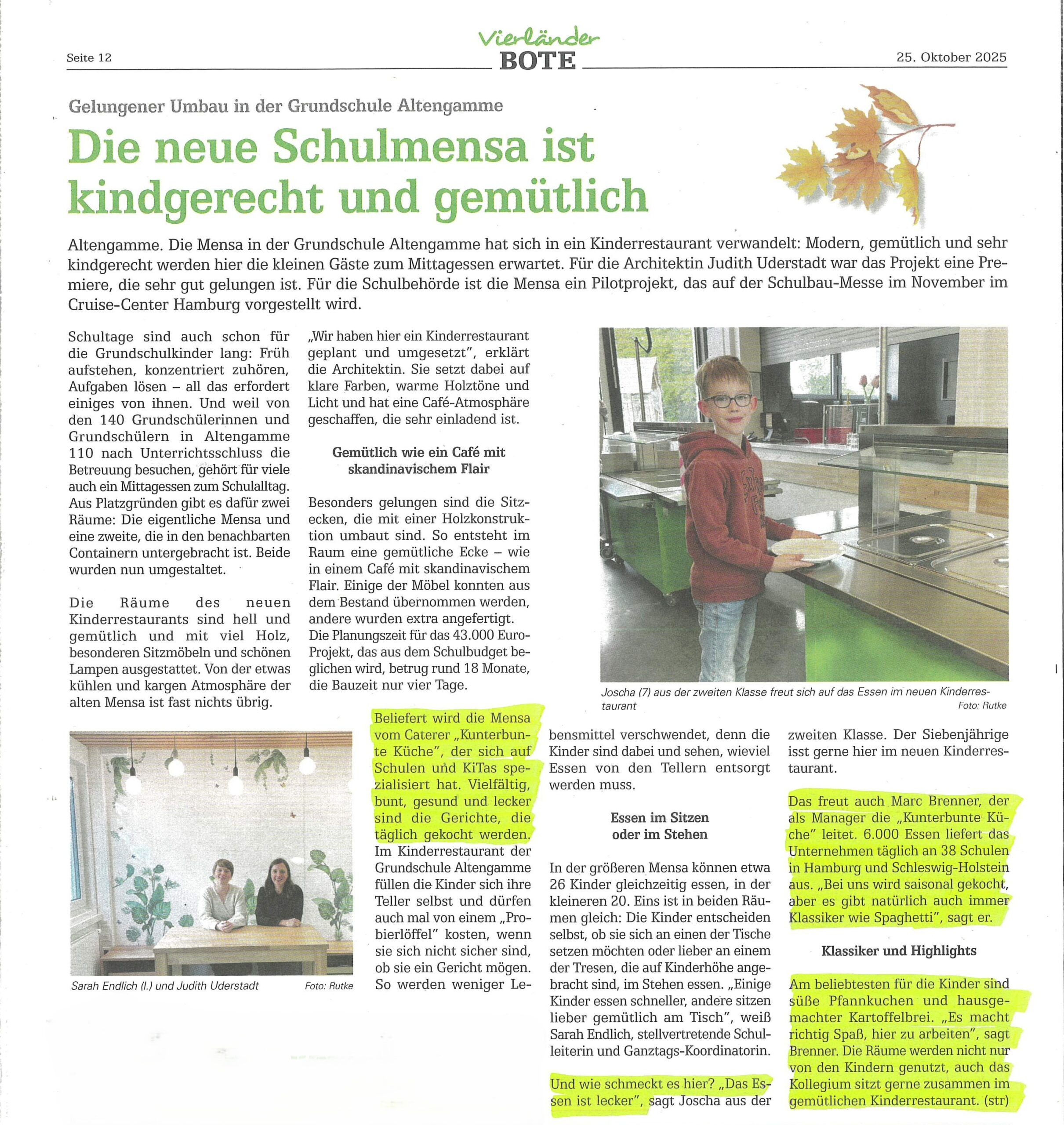 Zeitungsartikel Vierländer Bote – neue Schulmensa